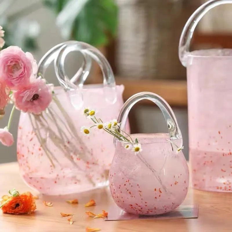 Pink Pail Glass Handbag Home Decor Flower Vase Decoration Piece Creative Internet Celebrity INS Wind Hydroponic Vase Retro