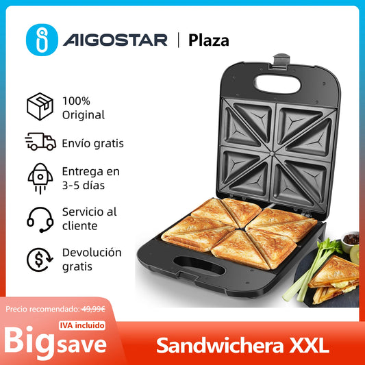 XXL Sandwich Maker for 4 Sandwiches, Non-Stick Coating, Fast Heating, Automatic Temperature Control, Led Indicator, Vertical Storage, Bpa Free, 1400W