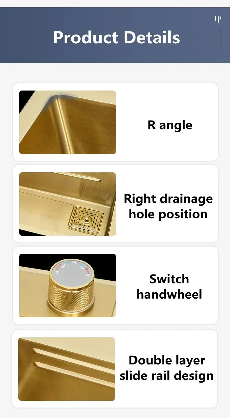 Gold 304 Stainless Steel kitchen Waterfall Sink,Washing Basin,Large Single Slot Sink Crockery Drainer Gourmet Faucet kitchen