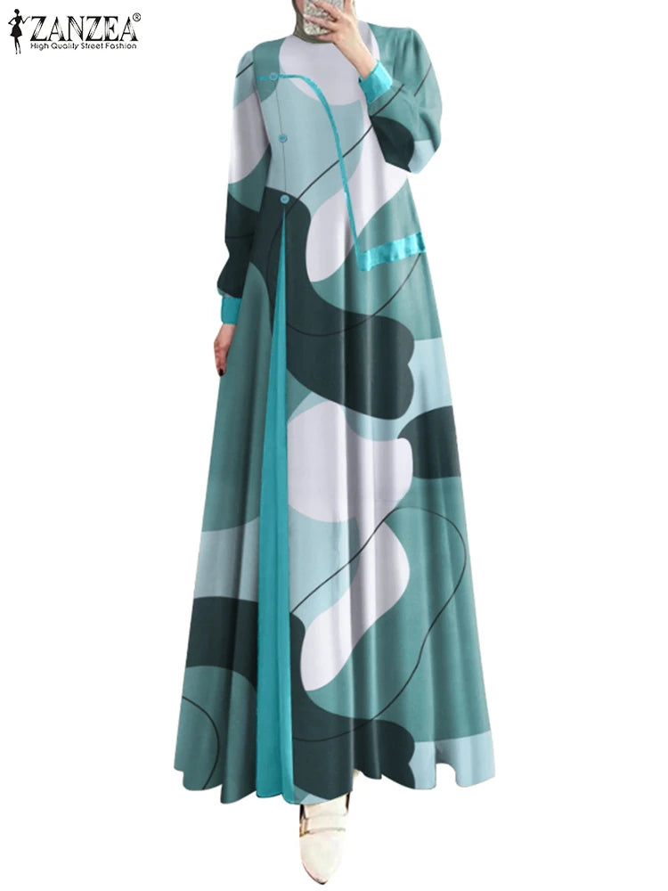 Autumn Women Long Sleeve Printed Robe Bohemain Maxi Dresses ZANZEA Muslim Abaya IsIamic Clothing Casual Loose Patchwork Vestidos