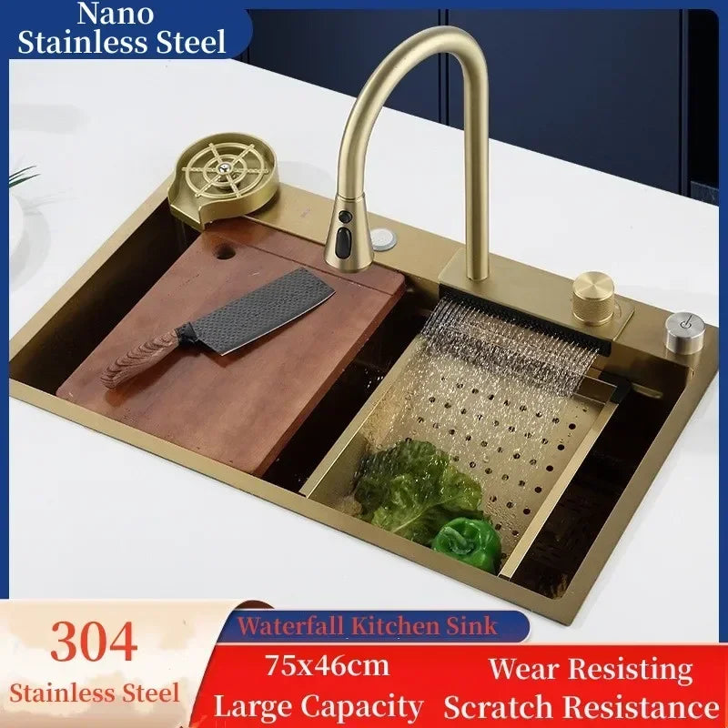 Gold 304 Stainless Steel kitchen Waterfall Sink,Washing Basin,Large Single Slot Sink Crockery Drainer Gourmet Faucet kitchen