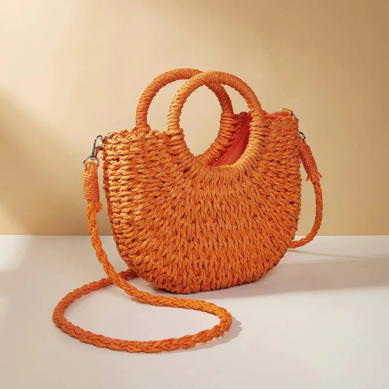 Handwoven Straw Rattan Half-Moon Beach Handbag Large Capacity Women Summer Hollow Out Crossbody Shoulder Bag