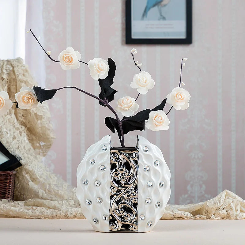 Modern simplicity Ceramic Vase Hand Inlaid Drill plating White/silver  Arrangement Flower Art Vases wedding home decoration