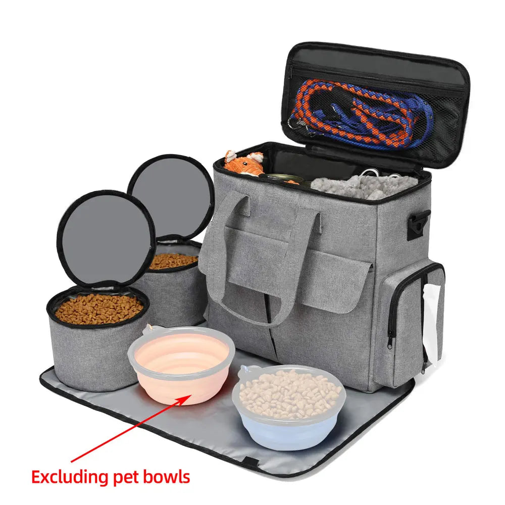 Podofo Weekend Pet Travel Set for Dog and Cat Airline Approved Tote Organizer with 2 Food Storage Containers 2 Collapsible Bowls