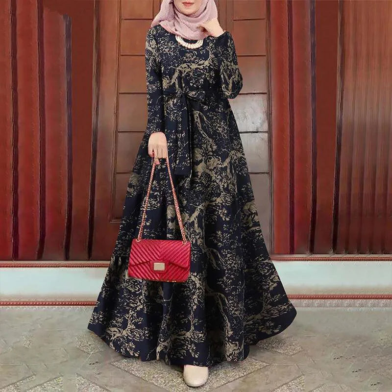 Women dress Eid Muslim Dresses Long Sleeve O Neck Dubai Abaya Print Long Robe Patchwork Kaftan Casual Abayas Ramadan Morocco