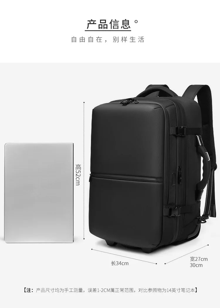 60L Airback Vacuum Compression Backpack with Wheels Expandable Men Waterproof Carry On Travel Backpacks 17 inch Laptop Backpack