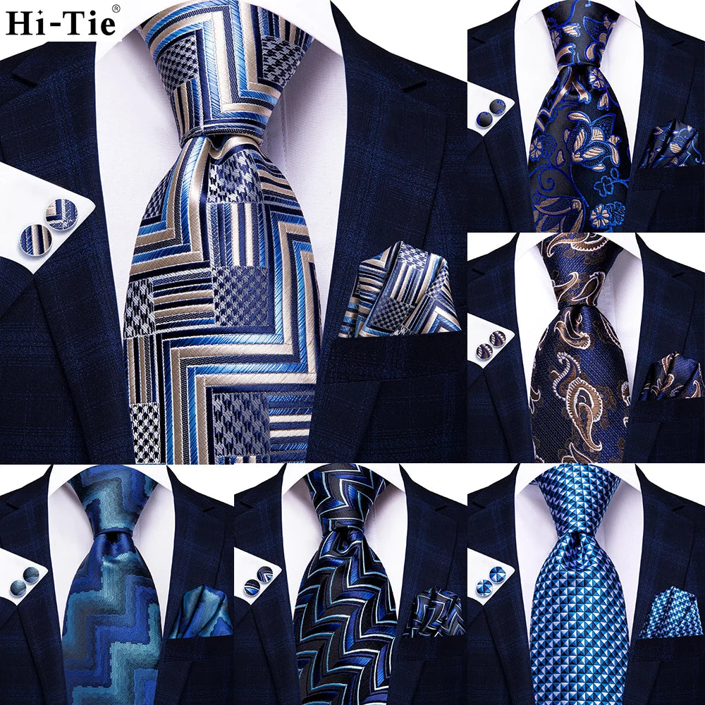 Hi-Tie Light Blue Gold Novelty Paisley Striped Silk Wedding Nicktie For Men Hanky Cufflink Tie Set Business Party Dropshipping