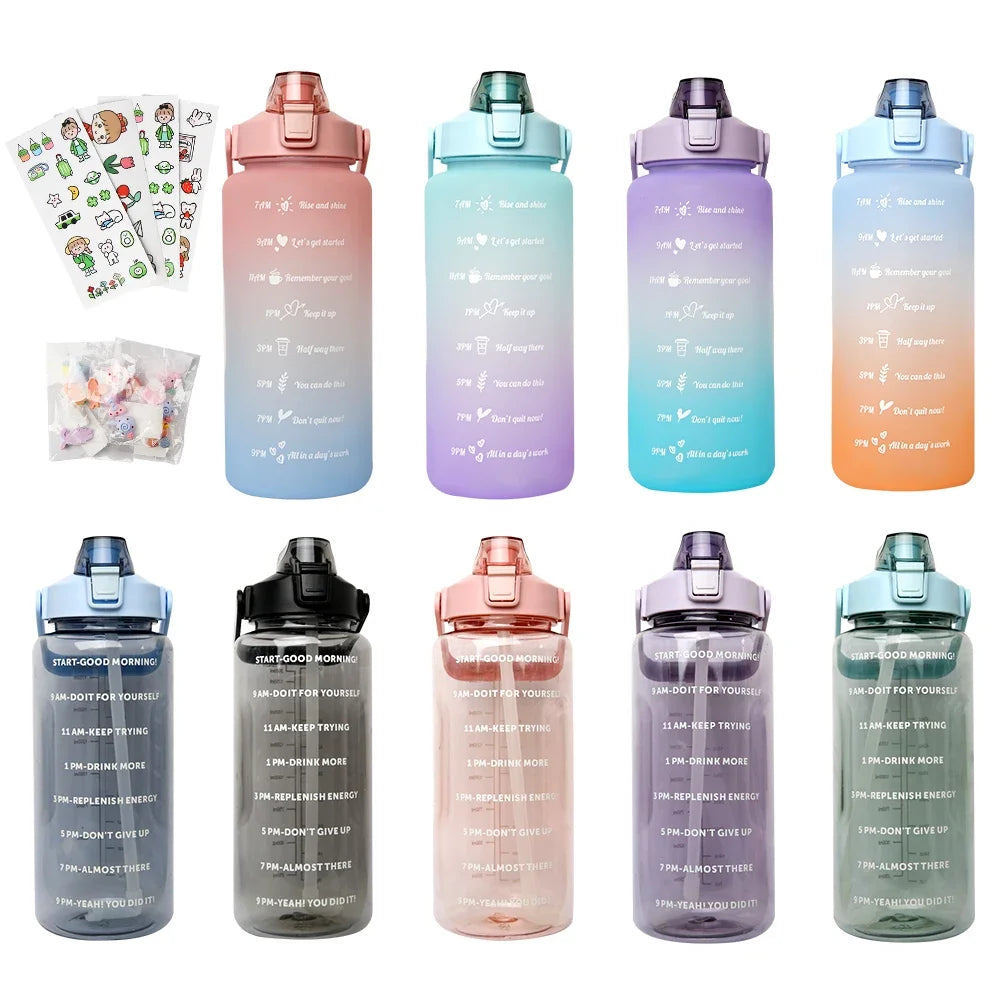 Water Bottle 2 Liter Stay Hydrated Motivated Leakproof Plastic Sport Bottle Portable Travel Outdoor Fitness Cold Water Bottles