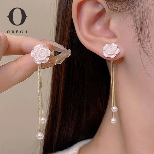 Obega Korean White Flower Imitation Pearl Stud Earrings Gold Color Tassel Super Fairy Long Earrings Girls Gift Bridal Jewelry