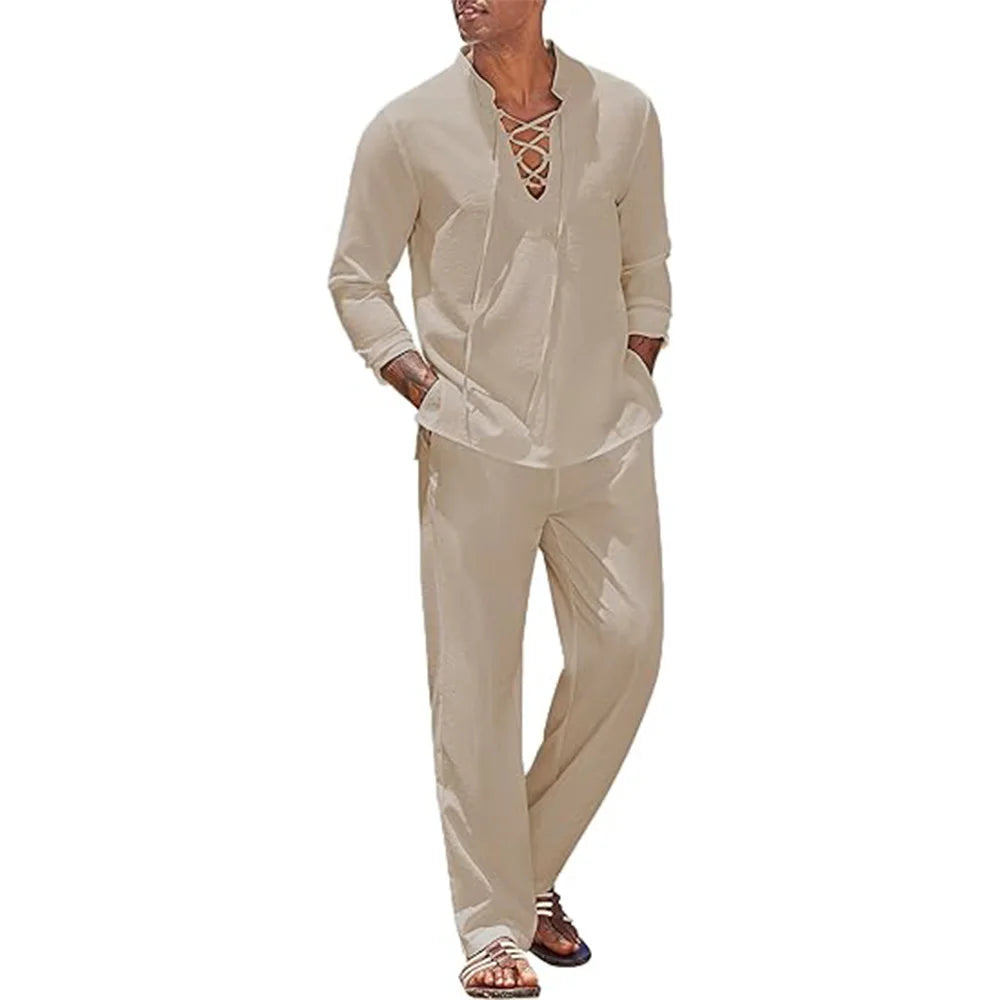 2pcs Set Men's Cotton Linen Shirt and Pants Suits for Men Beach Wear Tracksuit Solid Color Shirts Sweatpants Hawaiian Vacation