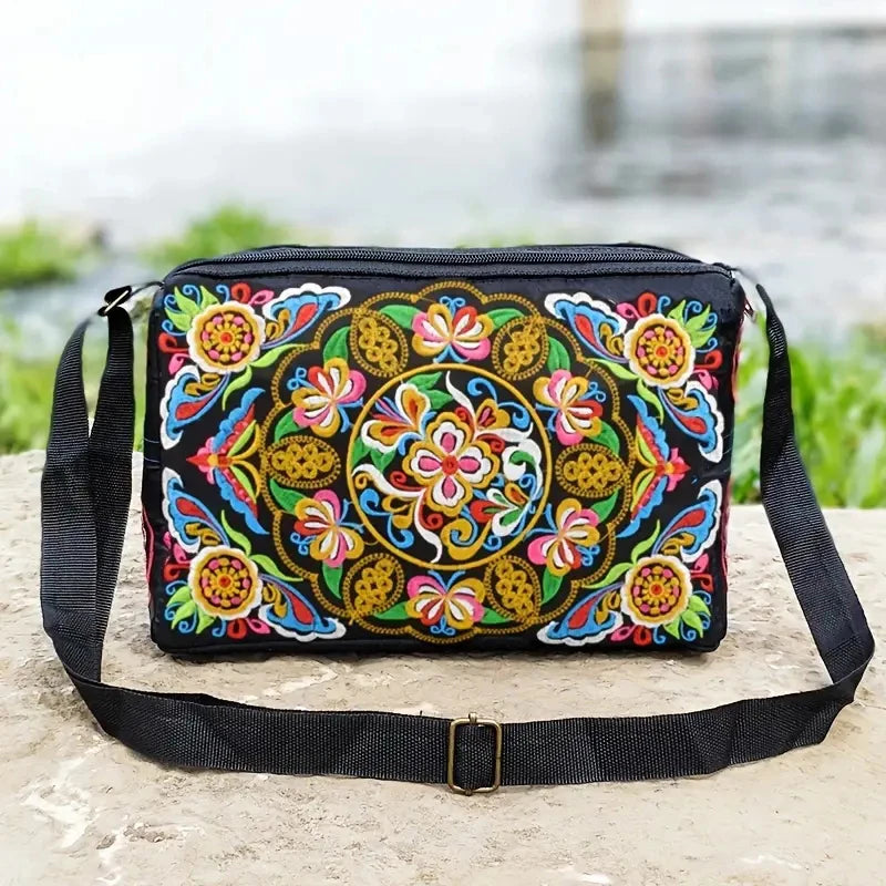 Women's Embroidered Flowers Nylon Crossbody Bag Ladies Luxury Large Capacity Travel Shoulder Bags