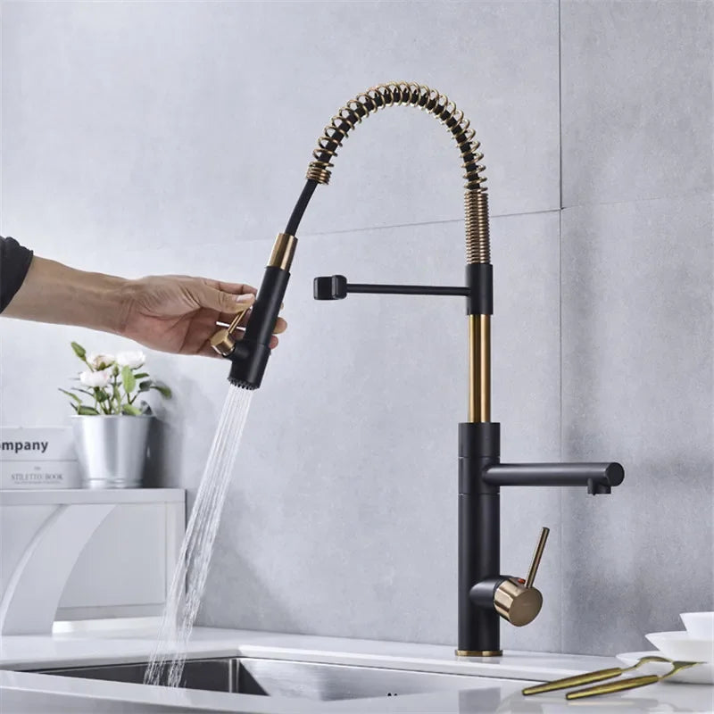 Brushed Gold Kitchen Faucets Pull Down Sink Faucet Pull Out Black Spring Spout Mixers Tap Hot Cold Water Crane