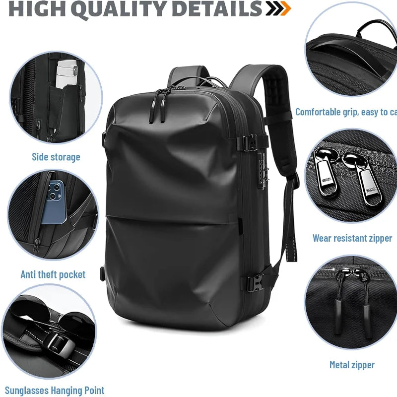 60L Airback Vacuum Compression Backpack with Wheels Expandable Men Waterproof Carry On Travel Backpacks 17 inch Laptop Backpack