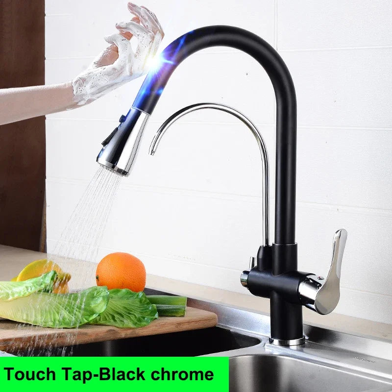 Brushed Nickel Touch on Filter Kitchen Faucet with Pull Down Sprayer Hot Cold Kitchen Sink Mixer Tap Sensor Touch Kitchen Faucet