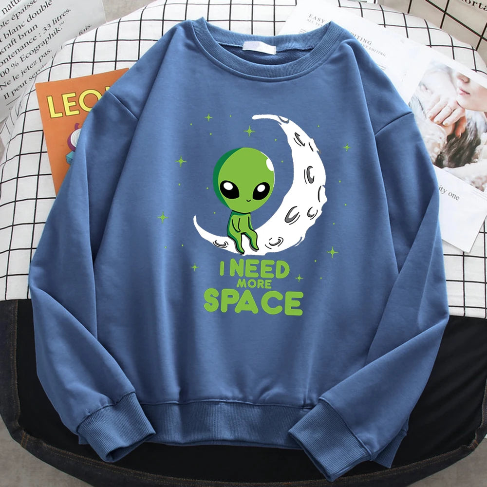 Casual Kawaii Women Sweatshirts I Need More Space Green Alien Print Hoodie Loose Warm Pullover Soft Fleece Ladies Streetwear