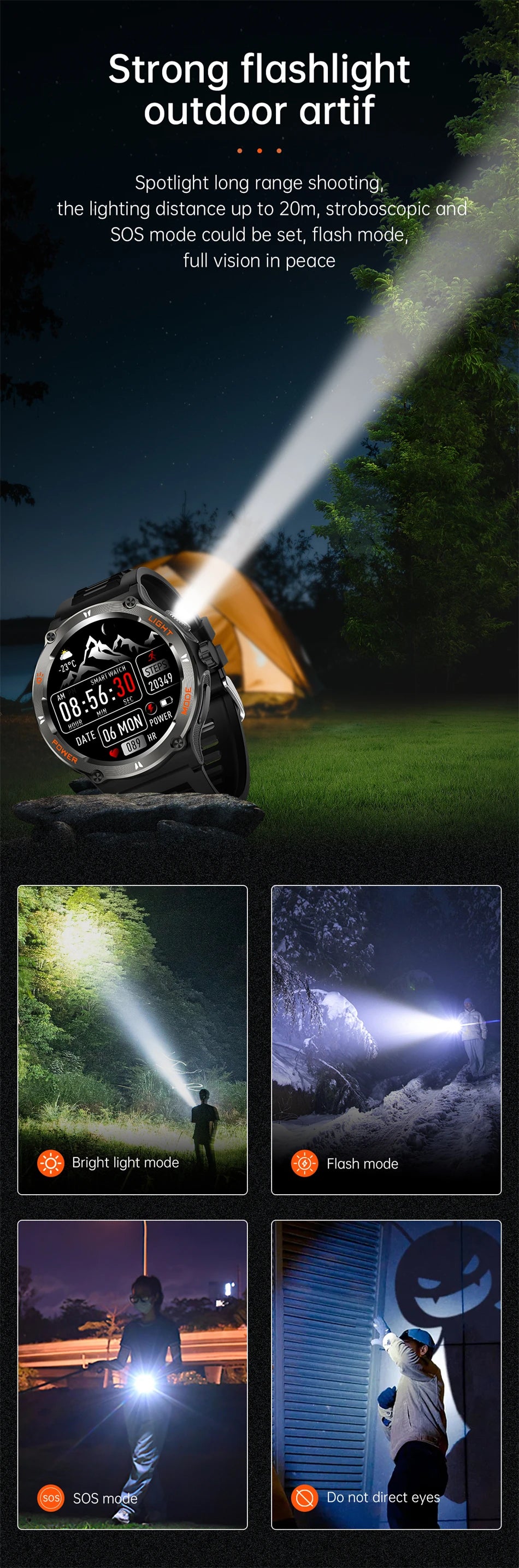 EIGIIS Smart Watch 3ATM Waterproof 1.53" KT76 Men Sport With Compass And LED Flashlight Heart Rate Sleep Analysis Bluetooth Call