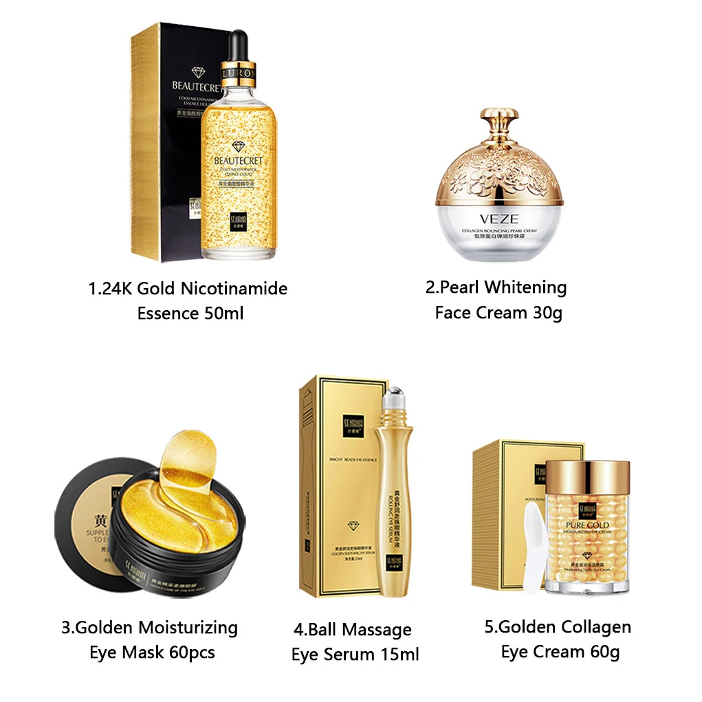 24K Gold Skincare Set Nicotinamide Face Essence Fade Dark Eye Circles Collagen Eye Cream Firming Skin Eye Mask Face Care Kit