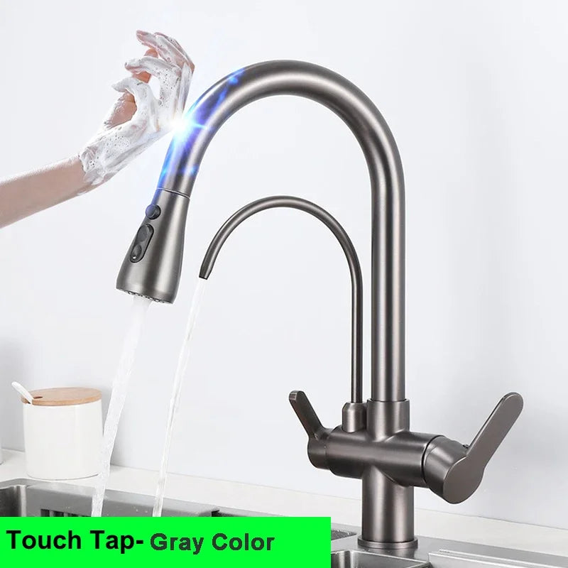 Brushed Nickel Touch on Filter Kitchen Faucet with Pull Down Sprayer Hot Cold Kitchen Sink Mixer Tap Sensor Touch Kitchen Faucet