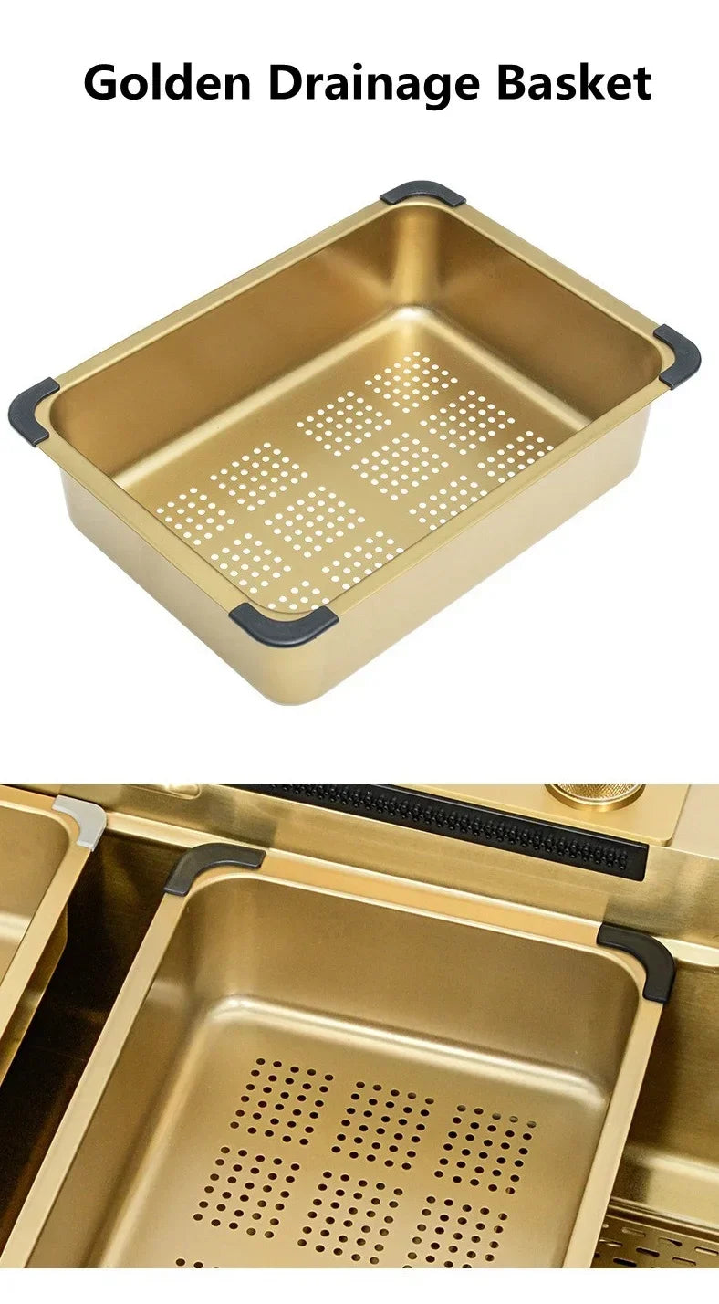 Gold 304 Stainless Steel kitchen Waterfall Sink,Washing Basin,Large Single Slot Sink Crockery Drainer Gourmet Faucet kitchen