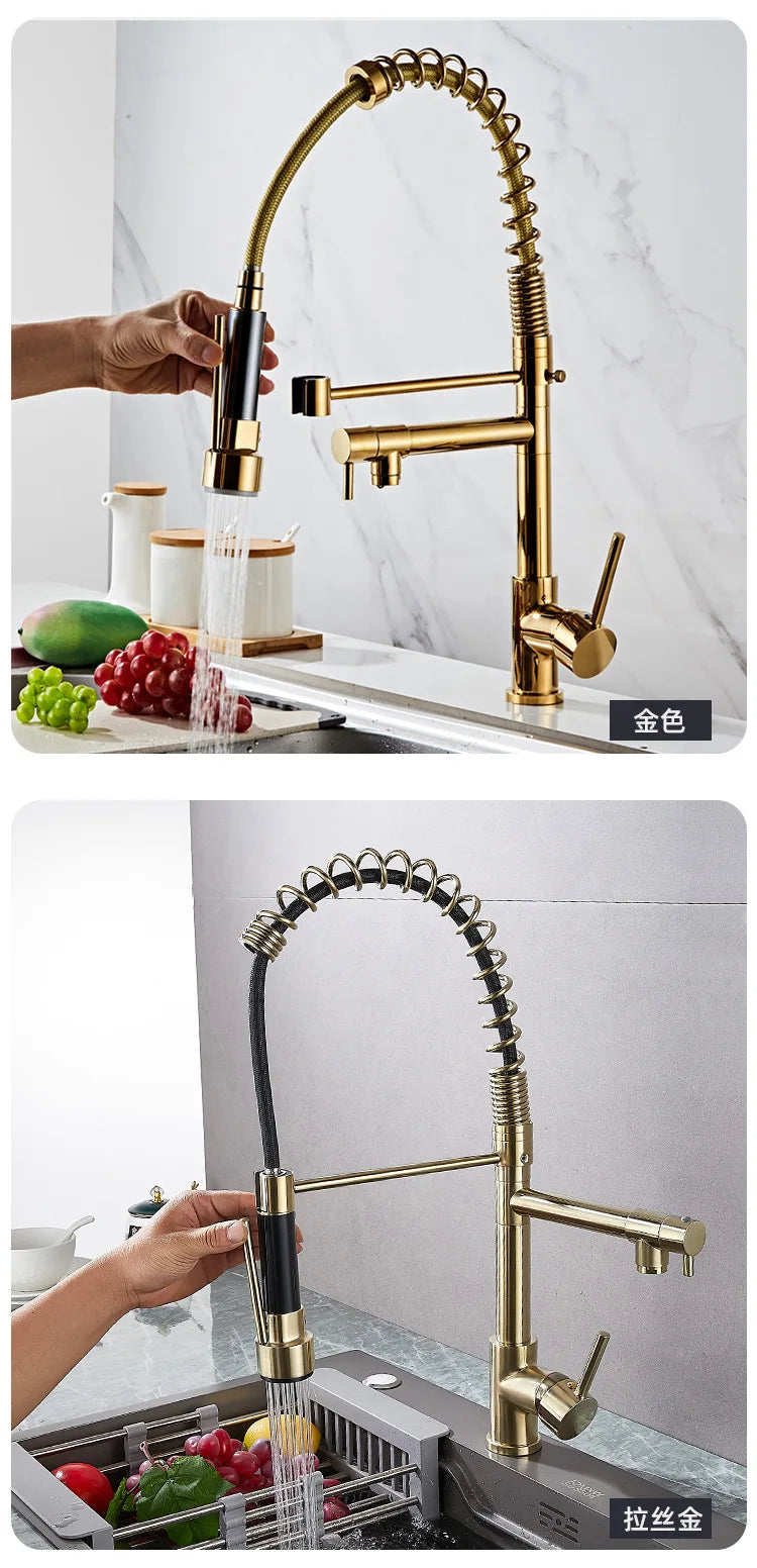 360 Rotatable Faucet Mixer Sink Brass Spring Water Kitchen Taps Gold Ceramic Modern Contemporary Single Handle