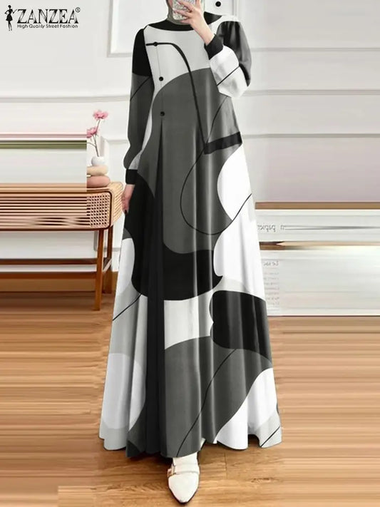 Autumn Women Long Sleeve Printed Robe Bohemain Maxi Dresses ZANZEA Muslim Abaya IsIamic Clothing Casual Loose Patchwork Vestidos