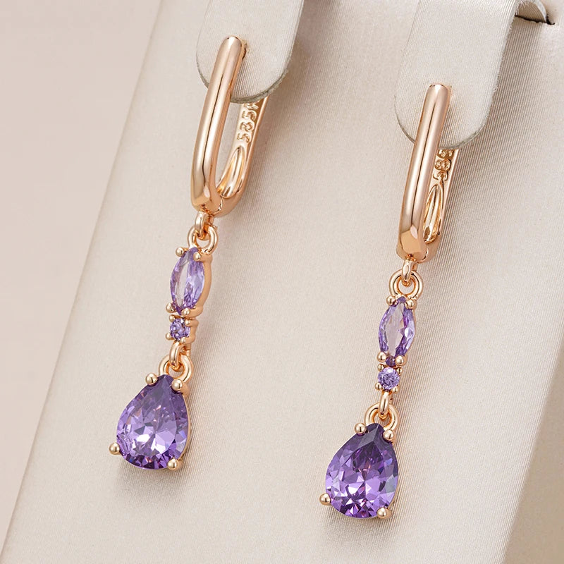 Wbmqda Luxury Fashion Purple Long Drop Earrings For Women 585 Rose Gold Color Elegant Wedding Party Fine Jewelry Accessories