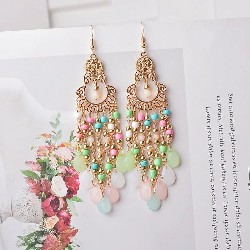 Bohemian Long Acrylic Waterdrop Tassel Earrings for Women Ethnic Multicolor Bead Drop Oil Handmade Dangle Earrings Boho Jewelry