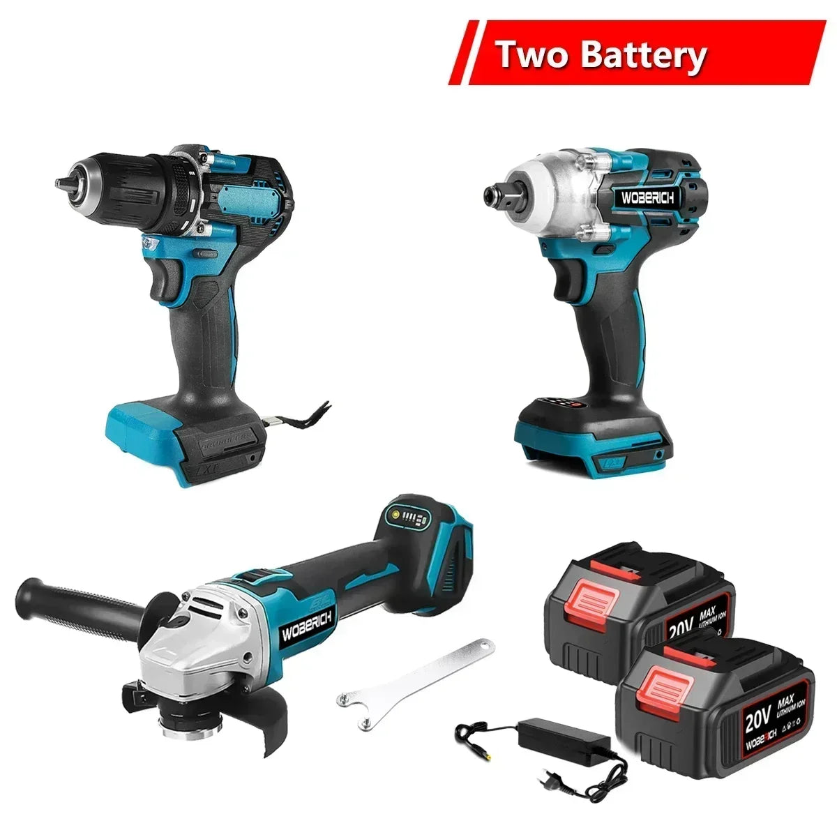 WOBERICH Brushless Cordless Angle Grinder Electric circular saw Electric Impact Hammer Drill With 2x Battery Combo Kits