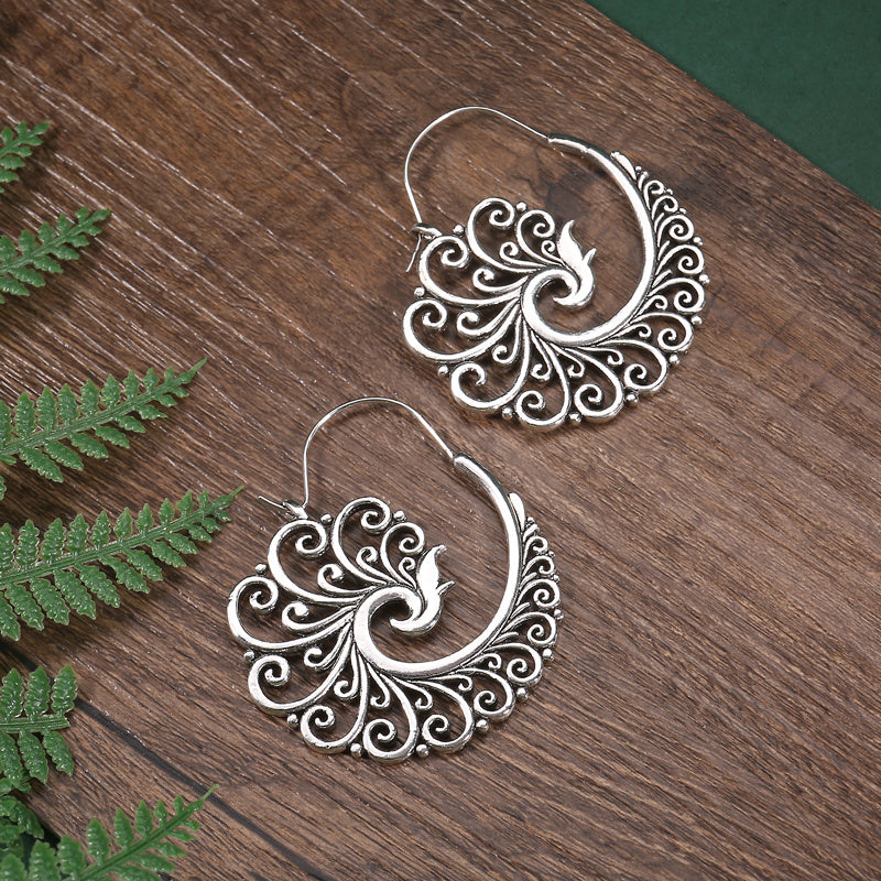 Vintage Metal Craftsman Carved Cutout Peacock Earrings Boho Women Simple Hoop Drop Earrings