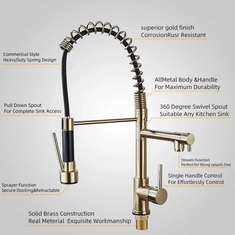 360 Rotatable Faucet Mixer Sink Brass Spring Water Kitchen Taps Gold Ceramic Modern Contemporary Single Handle