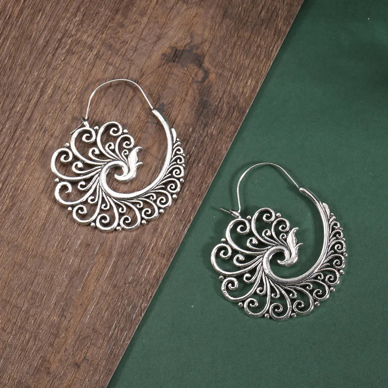 Vintage Metal Craftsman Carved Cutout Peacock Earrings Boho Women Simple Hoop Drop Earrings