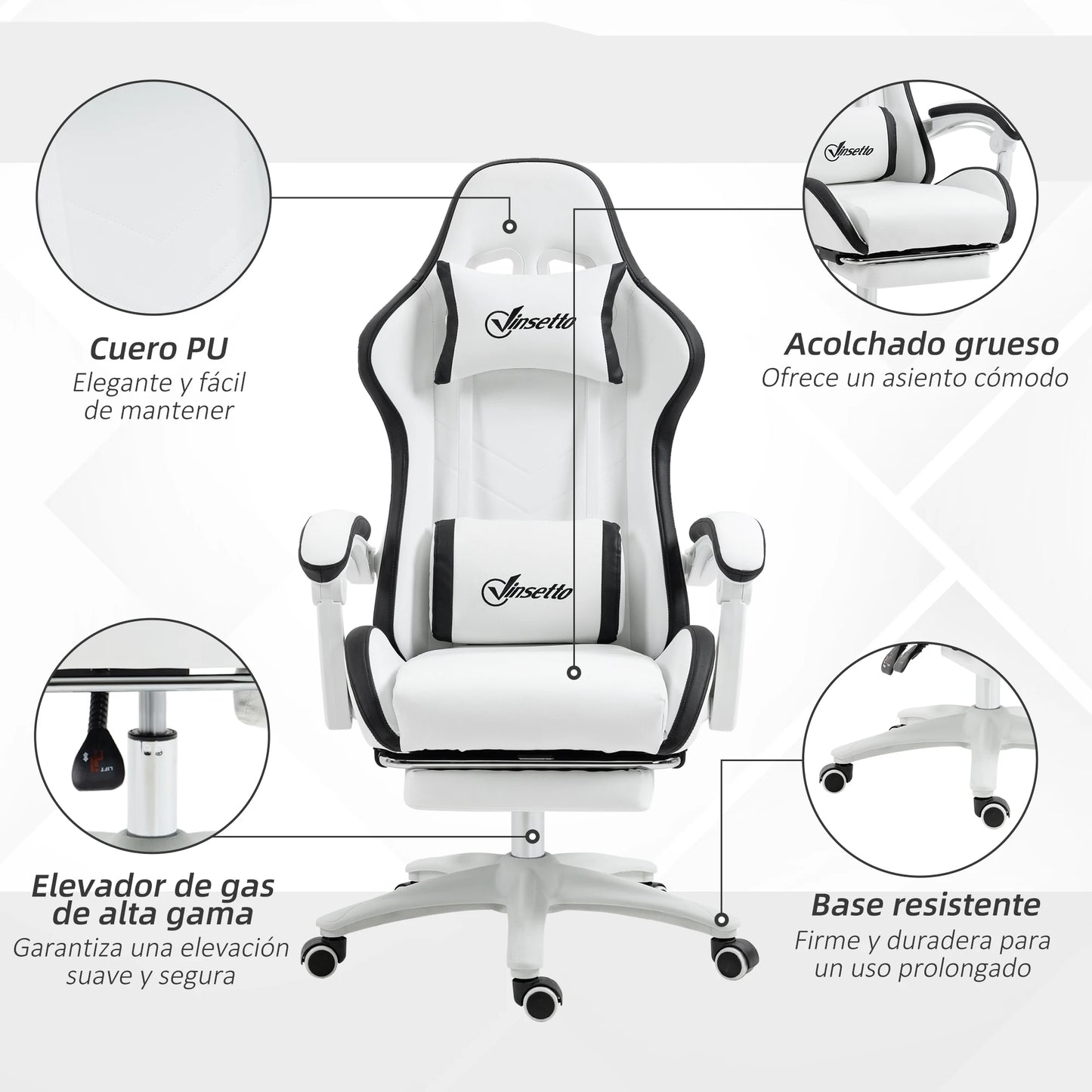 Vinsetto Gaming chair 135 ° adjustable height adjustable PU leather stand-back chair and retractable office studio footrest headrest 65x65x121-129 cm White