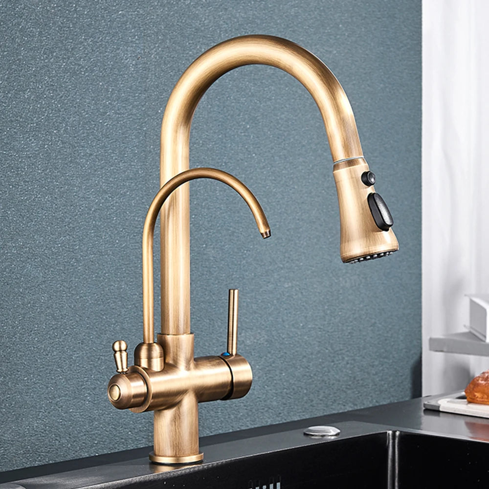 Gold Purify Water Kitchen Faucet Deck Mounted Dual Handle Faucet Purification Kitchen Sink Faucet 2 Swivel Spout Water Mixer Tap