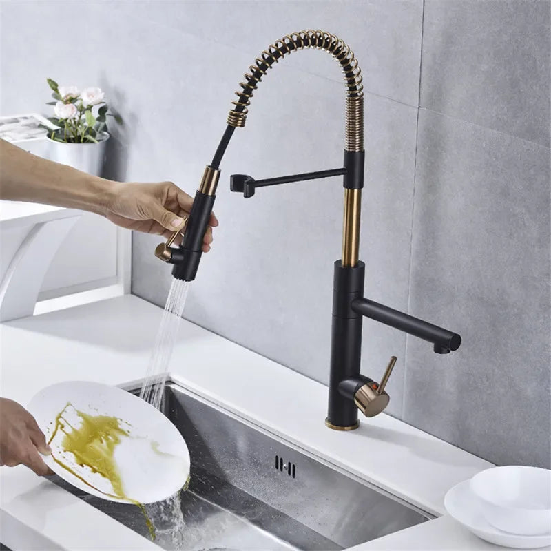 Brushed Gold Kitchen Faucets Pull Down Sink Faucet Pull Out Black Spring Spout Mixers Tap Hot Cold Water Crane