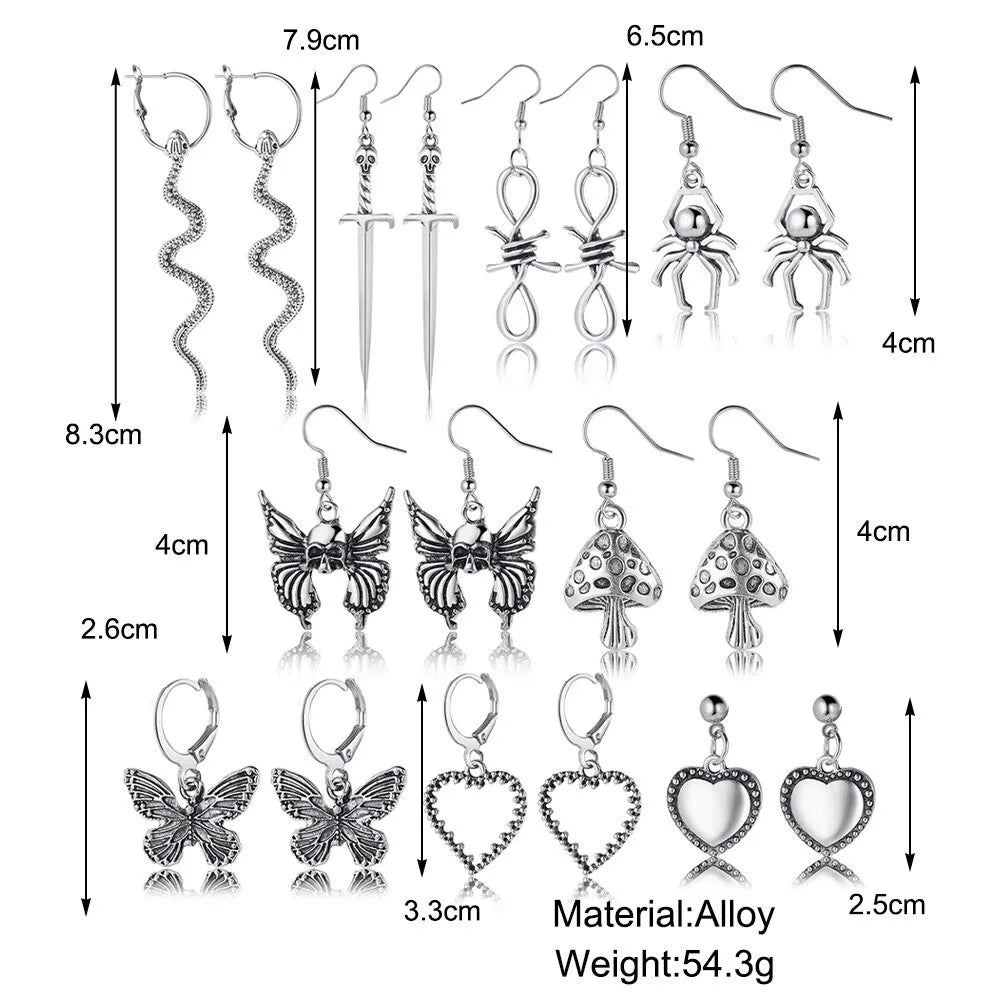 9pairs Set Of Ladies Earrings Retro Halloween Popular Alloy Creative Butterfly Peach Heart Mushroom Snake Spider Pendant Earring