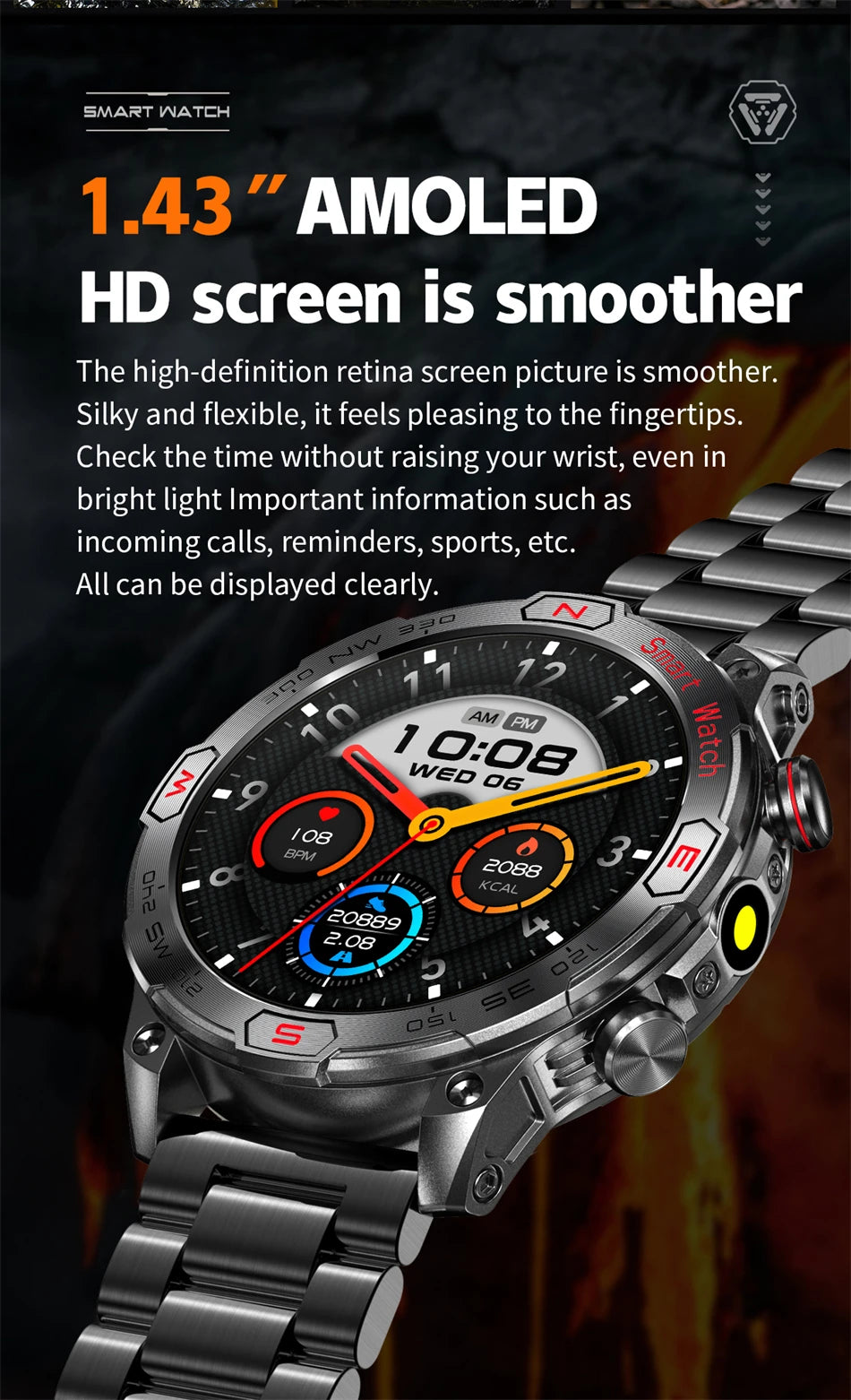 1 ATM Waterproof Smart Sport Watch Men With 450MAh Battery Health Monitoring Bluetooth Call Outdoor Compass Military Smart Watch