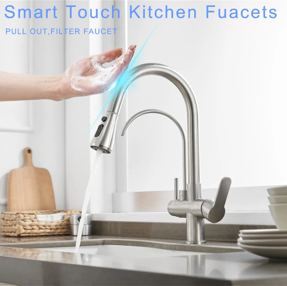 Brushed Nickel Touch on Filter Kitchen Faucet with Pull Down Sprayer Hot Cold Kitchen Sink Mixer Tap Sensor Touch Kitchen Faucet