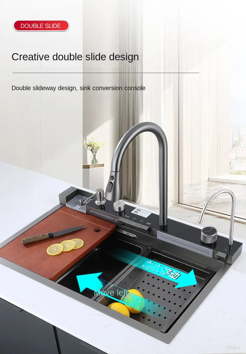 304 Stainless Steel Kitchen Sink Double Waterfall Single Slot Integrated Digital Display Faucet Set Soap dispenser Cup Washer