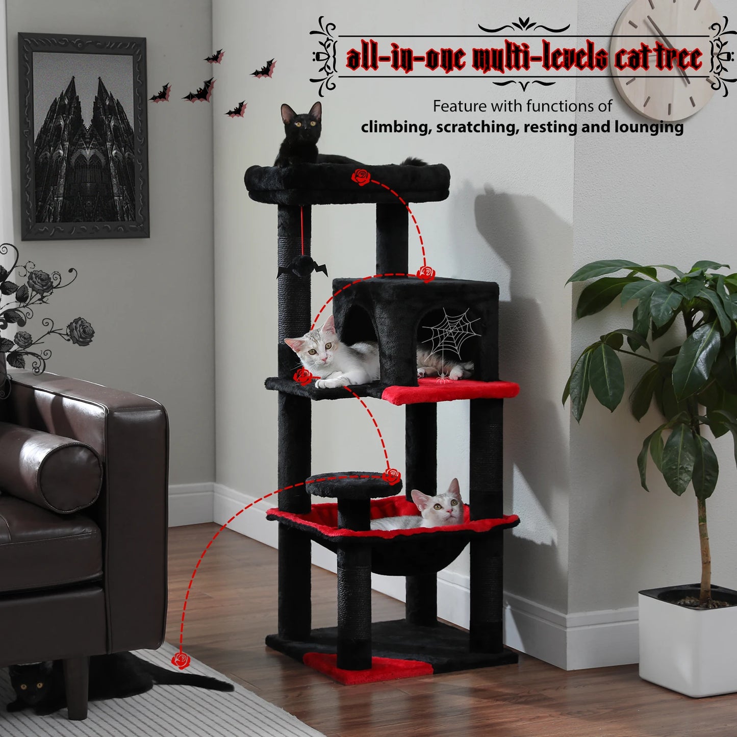 116cm 4-Tier Gothic Cat Tree Tower for Indoor Cats with Sturdy Metal Frame, Hammock, Condo, Perch, and 4 Sisal Posts in Black