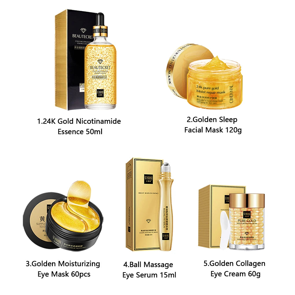 24K Gold Skincare Set Nicotinamide Face Essence Fade Dark Eye Circles Collagen Eye Cream Firming Skin Eye Mask Face Care Kit