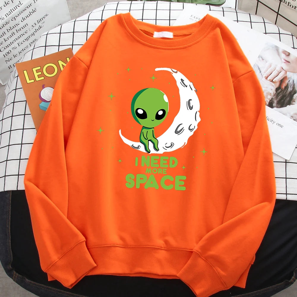 Casual Kawaii Women Sweatshirts I Need More Space Green Alien Print Hoodie Loose Warm Pullover Soft Fleece Ladies Streetwear