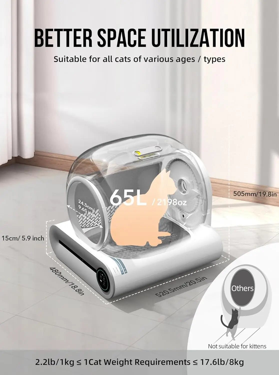 Tonepie 65L Automatic Smart Cat Litter Box Self Cleaning Fully Enclosed Cat Litter Box Pet Toilet Litter Tray English versions