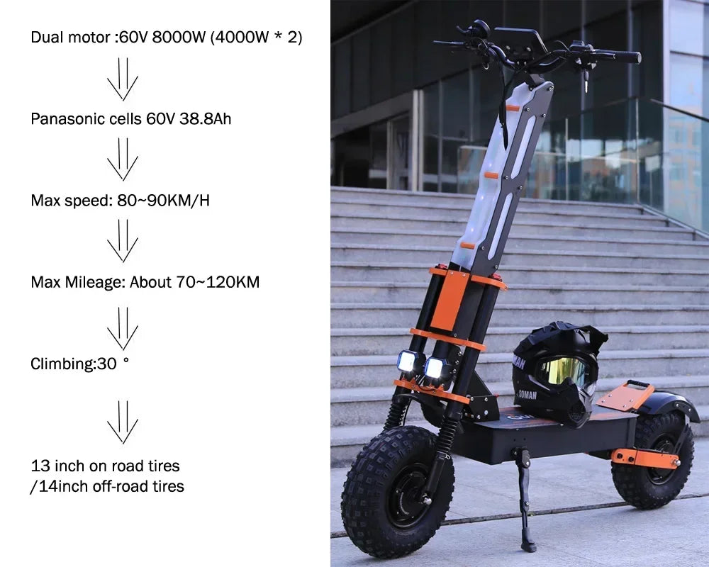 2024 Escooter X8PRO New 8000W 60V 40AH 13-14inch Dual Motor Adult Off-road Electric Scooter Max Speed 100KM/H Max Mileage120KM