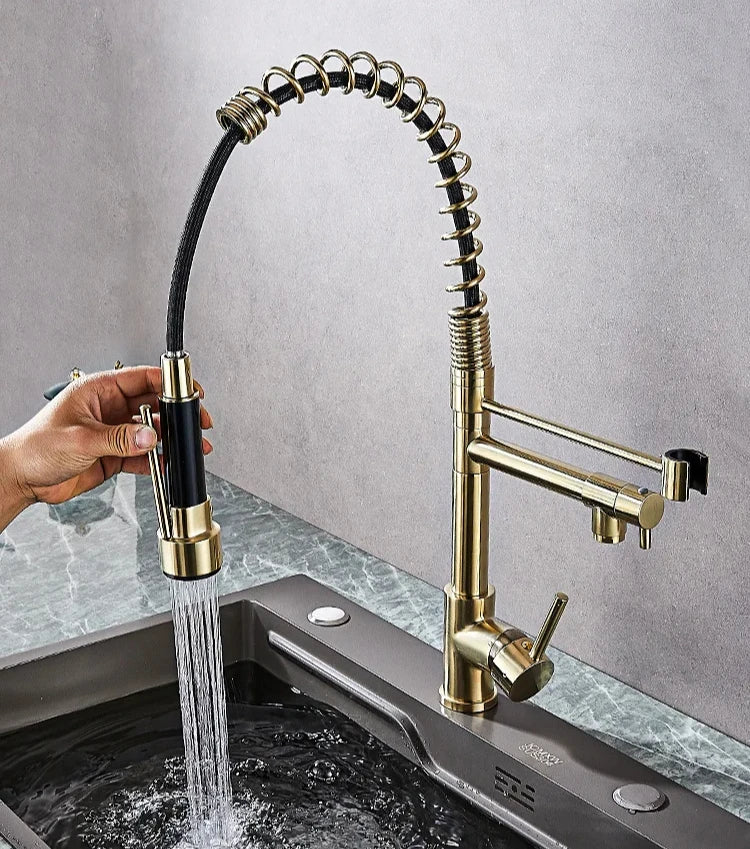 360 Rotatable Faucet Mixer Sink Brass Spring Water Kitchen Taps Gold Ceramic Modern Contemporary Single Handle