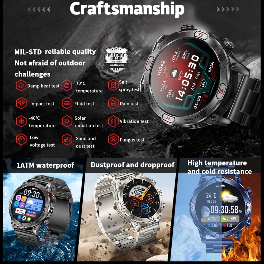 1 ATM Waterproof Smart Sport Watch Men With 450MAh Battery Health Monitoring Bluetooth Call Outdoor Compass Military Smart Watch