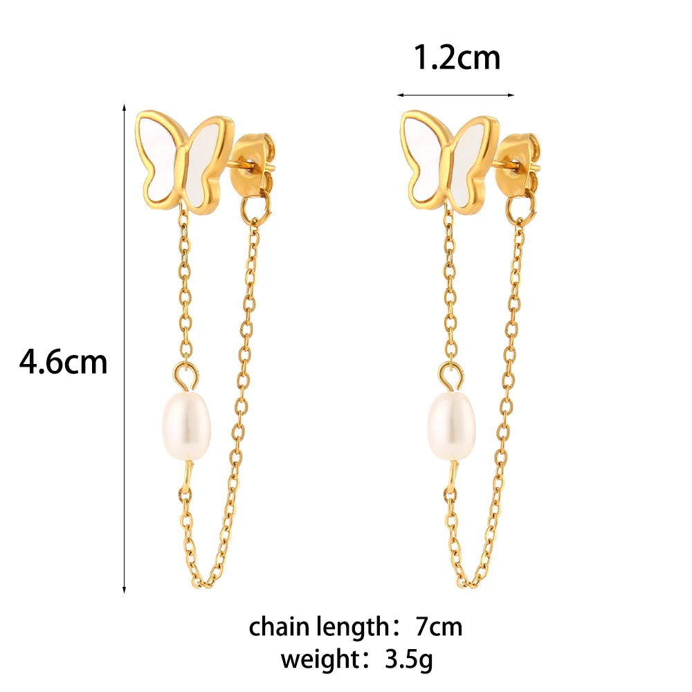 E.B.belle Micro Paved Rectangle Square Round Crystal Long Chain Drop Earring Front and Back Side Stainless Steel Earring