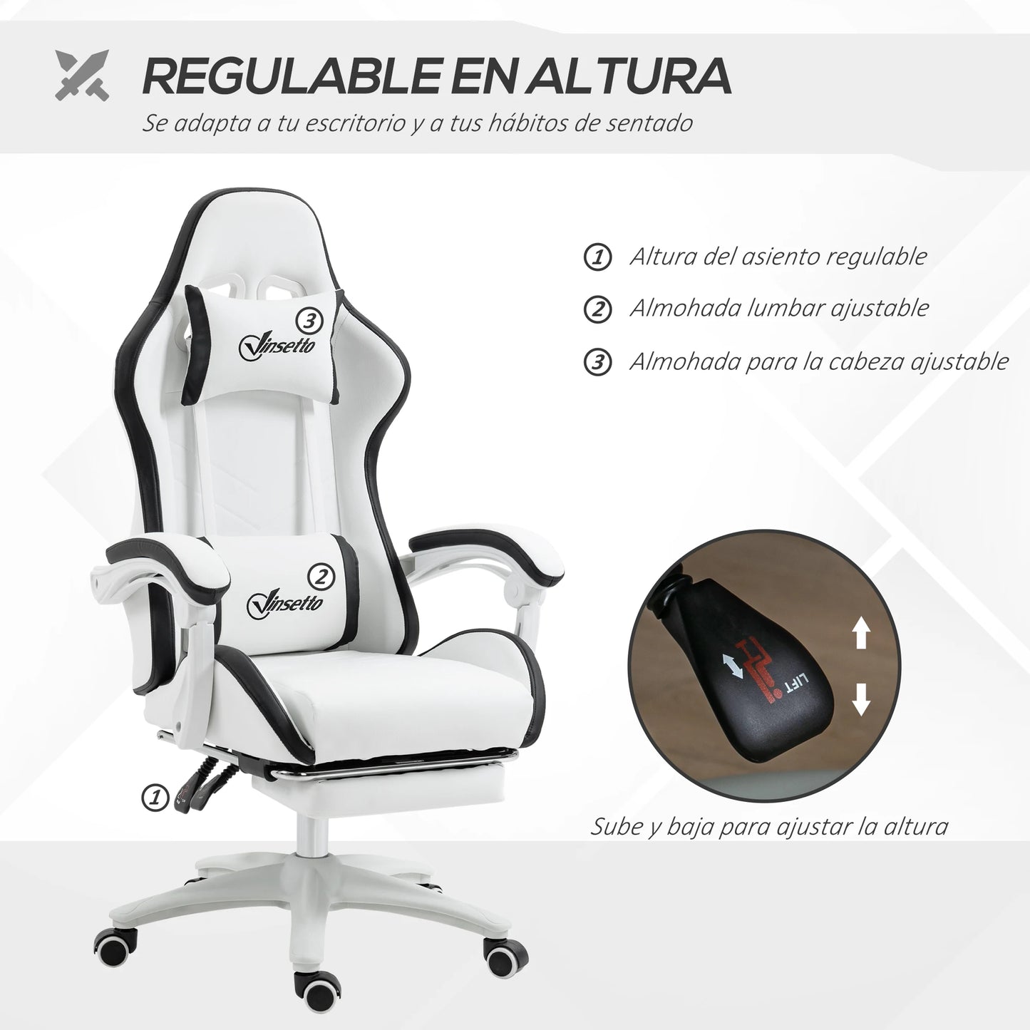 Vinsetto PU Leather Gaming Chair with Adjustable Height 65x65x121-129 cm White