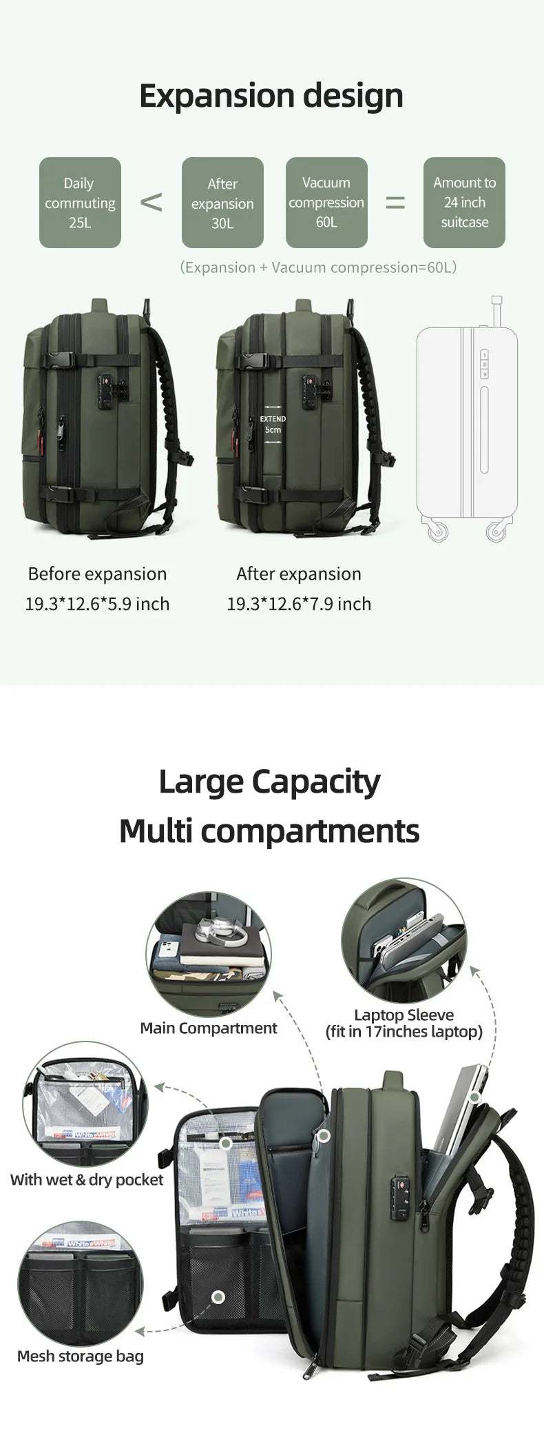 60L Airback Vacuum Compression Backpack with Wheels Expandable Men Waterproof Carry On Travel Backpacks 17 inch Laptop Backpack