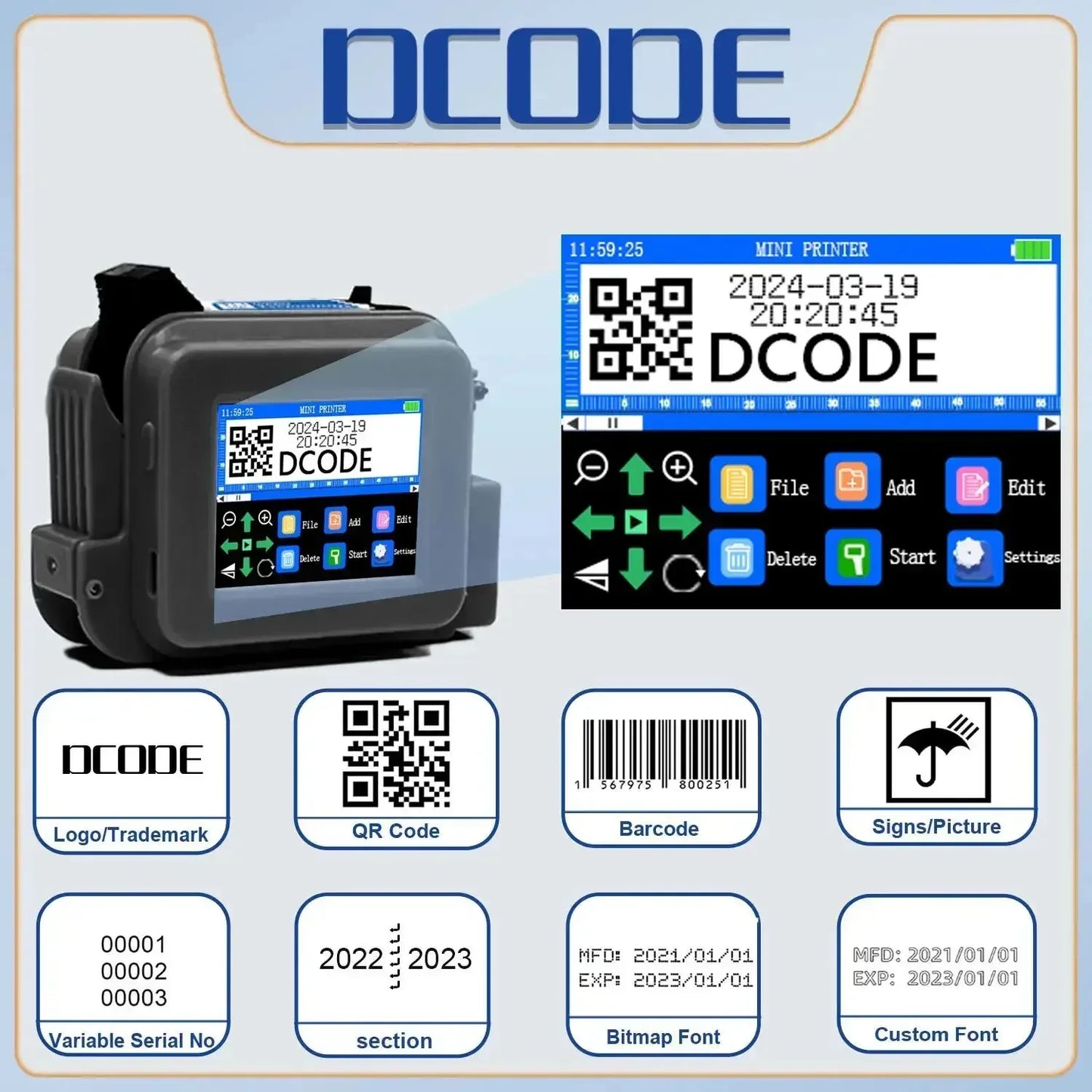 DCODE XMINI 12.7mm Portable Mini Printer Handheld Inkjet Printer Text QR Barcode Image Batch Number Logo Image Coding Machine