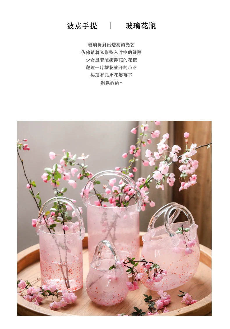 Pink Pail Glass Handbag Home Decor Flower Vase Decoration Piece Creative Internet Celebrity INS Wind Hydroponic Vase Retro